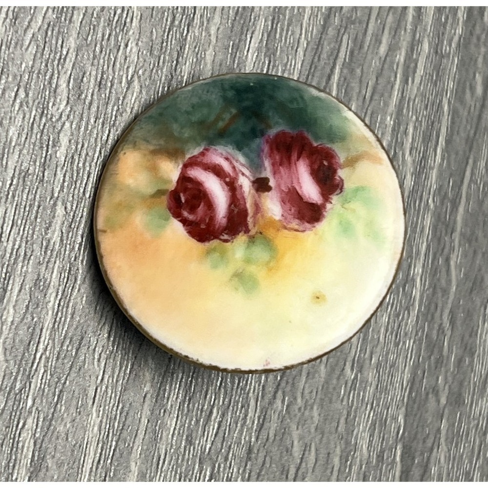 Antique Hand Painted Porcelain Enamel Rose Button Pre-1930 Single Floral Shank - Picture 1 of 5